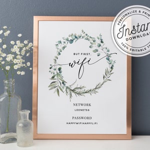 Printable But First Wifi Password Sign with Eucalyptus Greenery in 3 Sizes 4x6 5x7 and 8x10 INSTANT DOWNLOAD Editable Template image 3