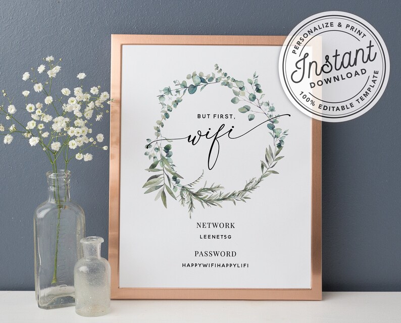 Printable But First Wifi Password Sign with Eucalyptus Greenery in 3 Sizes 4x6 5x7 and 8x10 INSTANT DOWNLOAD Editable Template image 3
