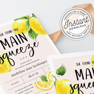 She Found Her Main Squeeze Bridal Shower Invitation with Lemon Citrus Watercolor INSTANT DOWNLOAD Printable, Editable Template image 2