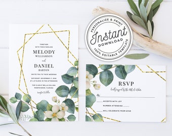 Boho Gold Geometric Wedding Invitation Template Suite with Eucalyptus Greenery • INSTANT DOWNLOAD • Printable, Editable Template