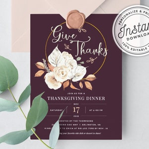 Fall Give Thanks Friendsgiving Thanksgiving Dinner Invitation w/ Autumn Floral Wreath • INSTANT DOWNLOAD • Printable, Editable Template #077