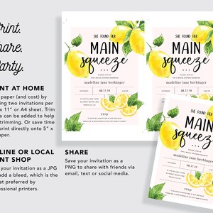 She Found Her Main Squeeze Bridal Shower Invitation with Lemon Citrus Watercolor INSTANT DOWNLOAD Printable, Editable Template image 4