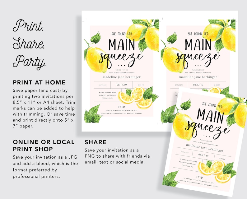 She Found Her Main Squeeze Bridal Shower Invitation with Lemon Citrus Watercolor INSTANT DOWNLOAD Printable, Editable Template image 4