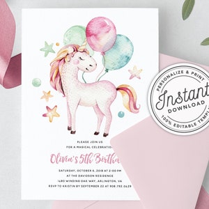 Sweet Unicorn Birthday Party Invitation with Balloons • INSTANT DOWNLOAD • Editable Template