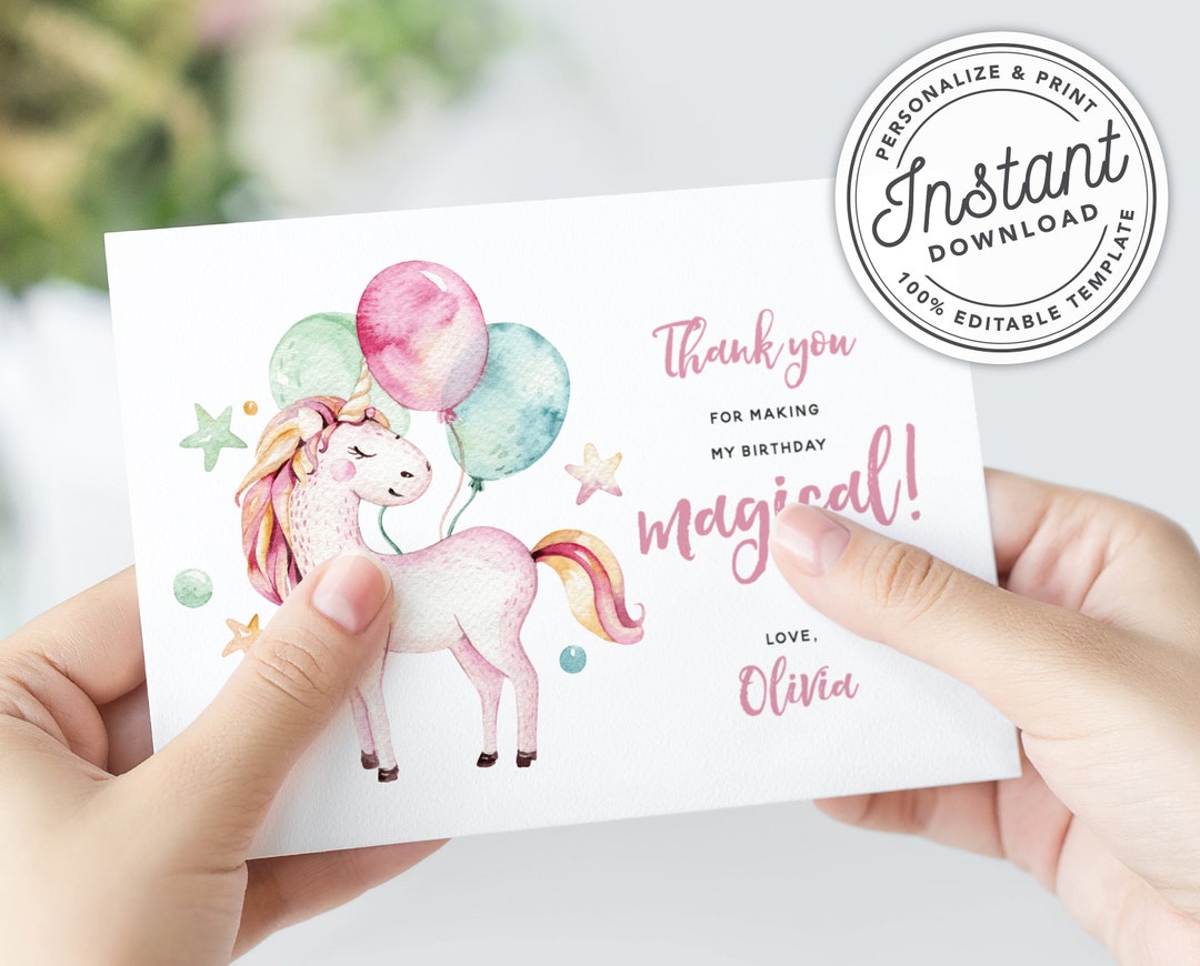 Sweet Magical Unicorn Birthday Party Thank You Card With - Etsy