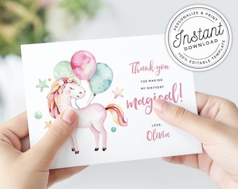 Sweet Magical Unicorn Birthday Party Thank You Card with Balloons • INSTANT DOWNLOAD • Editable Printable Template 5.5" x 4.25" A2