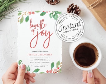 Printable Christmas Bundle of Joy Baby Shower Invitation • INSTANT DOWNLOAD • Editable Template