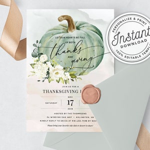 Hearts Full of Thanks and Giving Dinner Invitation w/ Watercolor Autumn Pumpkin INSTANT DOWNLOAD Printable, Editable Template 078 image 6