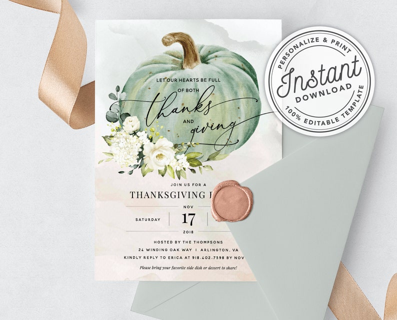 Hearts Full of Thanks and Giving Dinner Invitation w/ Watercolor Autumn Pumpkin INSTANT DOWNLOAD Printable, Editable Template 078 image 6