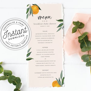 A Little Cutie is on The Way Orange Clementine Printable Baby Shower Menu • INSTANT DOWNLOAD • Editable Template #0B94