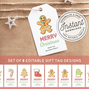Gingerbread Cookie Christmas Gift Tags Printable Set of 8 Matching Designs • INSTANT DOWNLOAD • Editable Template
