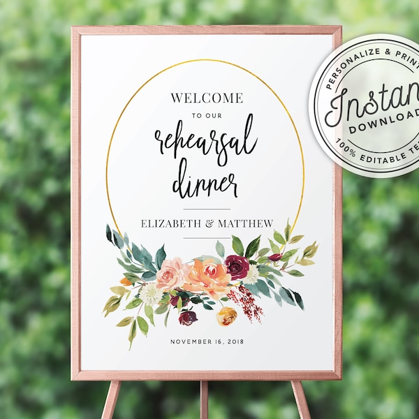 Printable Fall Winter Boho Floral Greenery Rehearsal Dinner Welcome Sign (16x20 18x24 20x30 24x36) INSTANT DOWNLOAD Editable Template #018