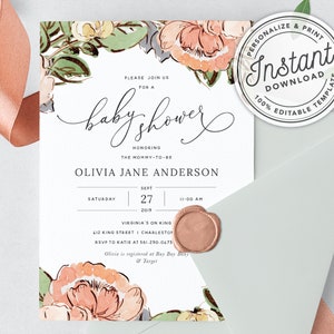 Aquarell Garten Blumen Babyparty Einladung mit Grün • SOFORTIGER DOWNLOAD • Druckbare, bearbeitbare Vorlage