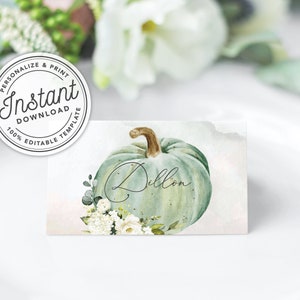 Friendsgiving or Thanksgiving Printable Place Cards w/ Watercolor Autumn Pumpkin Flat & Folded INSTANT DOWNLOAD Editable Template 078 image 4