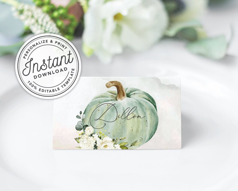 Friendsgiving or Thanksgiving Printable Place Cards w/ Watercolor Autumn Pumpkin Flat & Folded INSTANT DOWNLOAD Editable Template 078 image 4