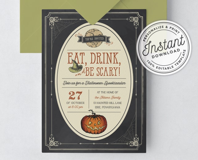 Eat Drink and Be Scary Vintage Halloween Spooktacular Invitation