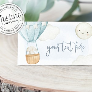 Up Up and Away hete lucht ballon jongen baby shower voedsel tent kaarten afdrukbare met olifant • INSTANT DOWNLOAD • bewerkbare sjabloon