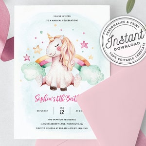 Magic Rainbow Girl Unicorn Birthday Party Invitation • INSTANT DOWNLOAD • Editable Template