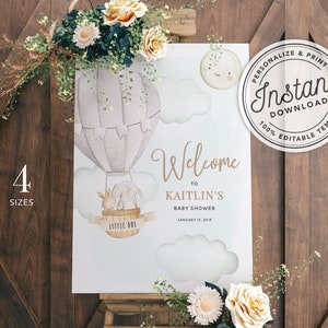 Up Up Hot Air Balloon Baby Shower Welcome Sign Printable 16x20, 18x24, 20x30 and 24x36 INSTANT DOWNLOAD Editable Template B0S0GN1 image 1