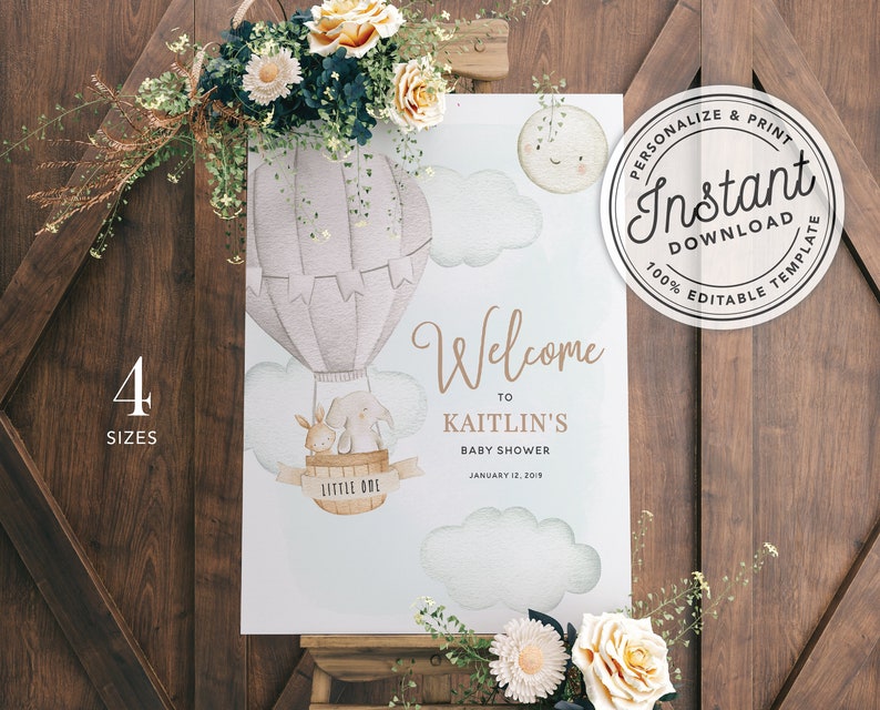 Up Up Hot Air Balloon Baby Shower Welcome Sign Printable 16x20, 18x24, 20x30 and 24x36 INSTANT DOWNLOAD Editable Template B0S0GN1 image 1