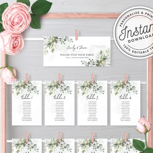 Cartões de assentos de casamento Boho Watercolor Greenery com folhas de eucalipto em 2 tamanhos (4x6" e 5x7") • DOWNLOAD INSTANTÂNEO • Modelo editável #027