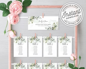 Boho Watercolor Greenery Wedding Seating Cards w/ Eucalyptus Leaves in 2 Sizes (4x6" and 5x7") • INSTANT DOWNLOAD • Editable Template #027