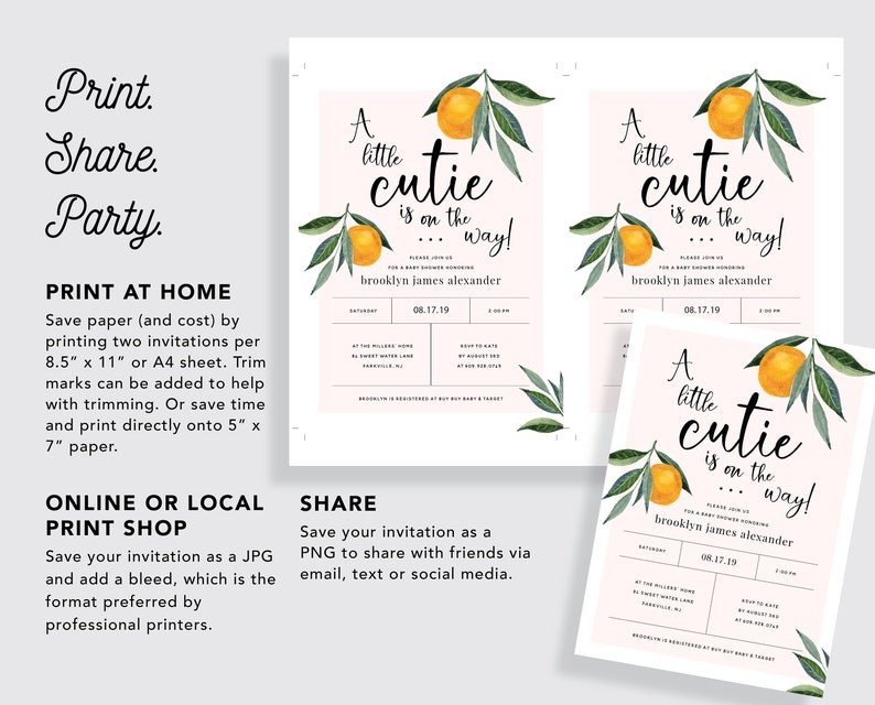 A Little Cutie is on the Way Clementine Orange Baby Shower Invitation INSTANT DOWNLOAD Editable Template 0B94 image 4