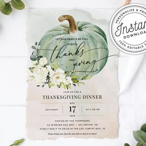 Hearts Full of Thanks and Giving Dinner Invitation w/ Watercolor Autumn Pumpkin INSTANT DOWNLOAD Printable, Editable Template 078 image 1