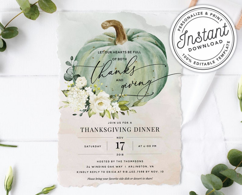 Hearts Full of Thanks and Giving Dinner Invitation w/ Watercolor Autumn Pumpkin INSTANT DOWNLOAD Printable, Editable Template 078 image 1