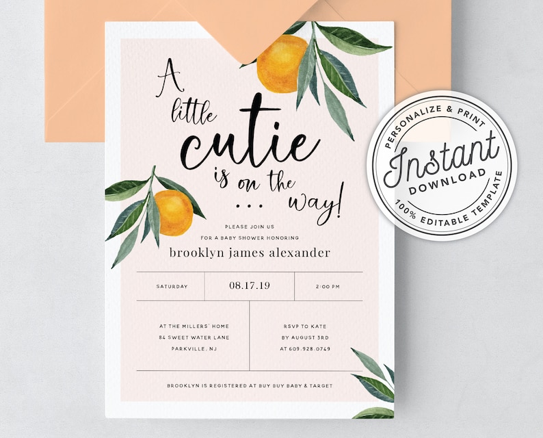 A Little Cutie is on the Way Clementine Orange Baby Shower Invitation INSTANT DOWNLOAD Editable Template 0B94 image 5