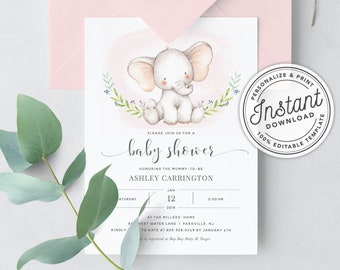Baby Elephant Girl Baby Shower Invitation Printable in Pink • INSTANT DOWNLOAD • Printable, Editable Template