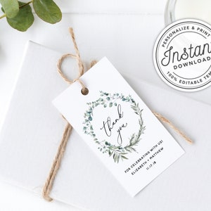 Printable Bohemian Wreath Printable Gift Favor Tags with Eucalyptus Greenery in 2 Sizes • INSTANT DOWNLOAD • Editable Template #023