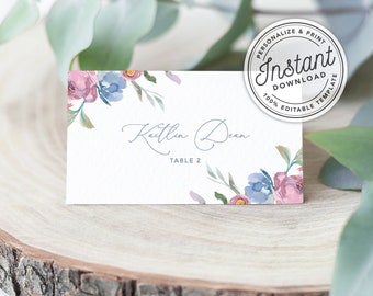 Dusty Blue Wedding Place Cards Template with Watercolor Flowers  (Flat and Tent Folded) • INSTANT DOWNLOAD • Editable Template #0W0A