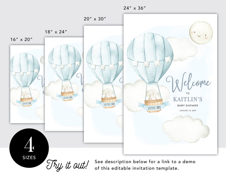 Up Up and Away Hot Air Balloon Boy Baby Shower Welcome Sign Printable \u2022 INSTANT DOWNLOAD \u2022 Editable Template 16x20, 18x24, 20x30 and 24x36