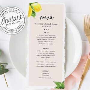 Menu para impressão do chá de panela de limão espremido principal Cítricos (casamento, jantar, brunch) • DOWNLOAD INSTANTÂNEO • Modelo editável