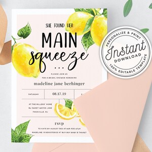 She Found Her Main Squeeze Bridal Shower Invitation with Lemon Citrus Watercolor INSTANT DOWNLOAD Printable, Editable Template image 5