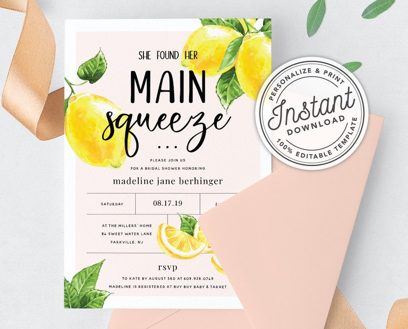 She Found Her Main Squeeze Bridal Shower Invitation with Lemon Citrus Watercolor INSTANT DOWNLOAD Printable, Editable Template image 5