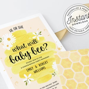 What Will Baby Bee Gender Reveal Party Invitation with Watercolor Beehive & Honeycomb Instant Editable, Printable Template image 2