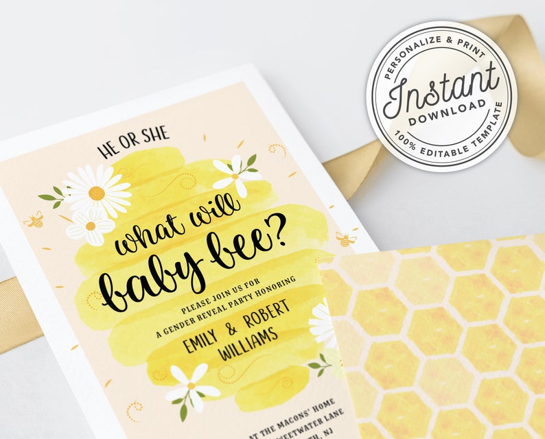 What Will Baby Bee Gender Reveal Party Invitation with Watercolor Beehive & Honeycomb Instant Editable, Printable Template image 2