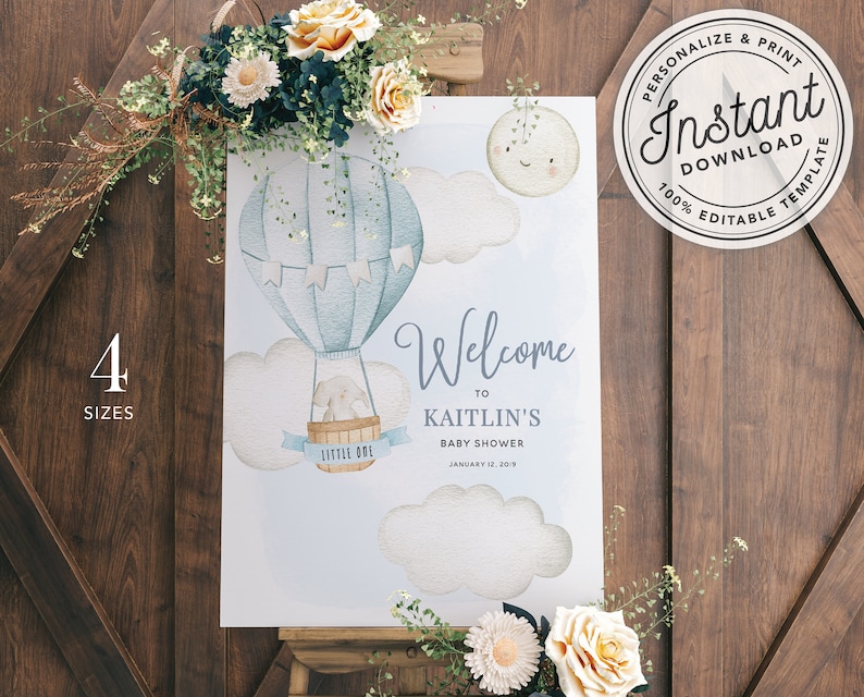 Up Up and Away Hot Air Balloon Boy Baby Shower Welcome Sign Printable \u2022 INSTANT DOWNLOAD \u2022 Editable Template 16x20, 18x24, 20x30 and 24x36