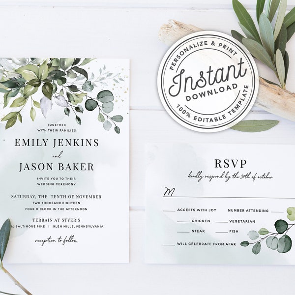 Watercolor Boho Greenery Wedding Invitation Template Suite with Eucalyptus Leaves • INSTANT DOWNLOAD • Printable, Editable Template #027