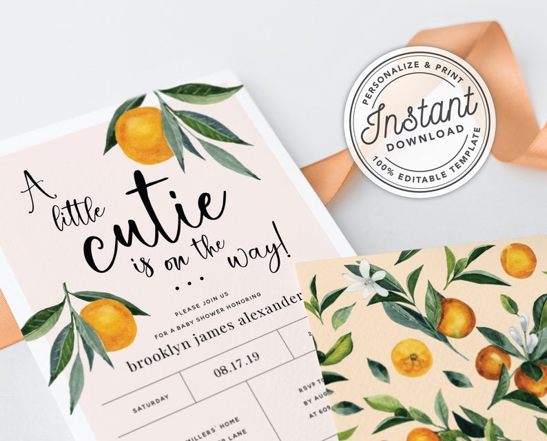 A Little Cutie is on the Way Clementine Orange Baby Shower Invitation INSTANT DOWNLOAD Editable Template 0B94 image 2