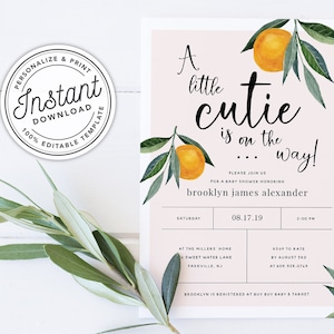 A Little Cutie is on the Way Clementine Orange Baby Shower Invitation INSTANT DOWNLOAD Editable Template 0B94 image 1