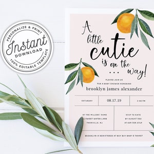 A Little Cutie is on the Way Clementine Orange Baby Shower Invitation INSTANT DOWNLOAD Editable Template 0B94 image 1