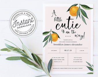 A Little Cutie is on the Way Clementine Orange Baby Shower Invitation • INSTANT DOWNLOAD • Editable Template  #0B94