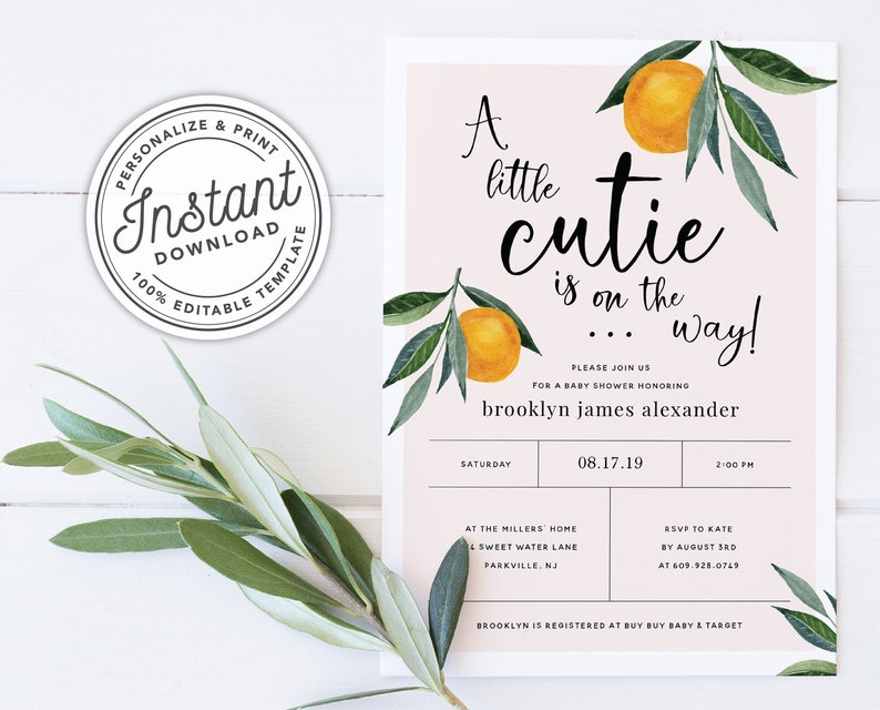 A Little Cutie is on the Way Clementine Orange Baby Shower Invitation INSTANT DOWNLOAD Editable Template 0B94 image 1