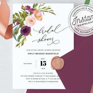 Burgundy and Peach Boho Floral Bridal Shower Invitation • INSTANT DOWNLOAD • Printable, Editable Template #012