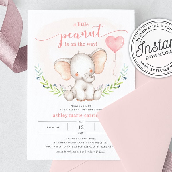 A Little Peanut is on The Way Baby Shower Invitation Printable with Baby Elephant, Girl • INSTANT DOWNLOAD • Printable, Editable Template