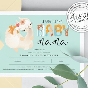 Lama Lama Baby Mama Baby Shower Invitation à la menthe Genre neutre • TÉLÉCHARGEMENT INSTANTANÉ • Modèle modifiable