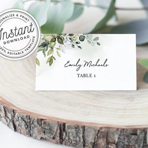 Cartões de casamento para impressão em aquarela verde com folhas de eucalipto (plano e dobrado em forma de tenda) • DOWNLOAD INSTANTÂNEO • Modelo editável #027